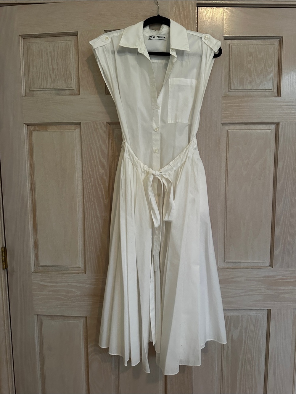 Zara Off-White Shirt Midi Dress with Tie Waist